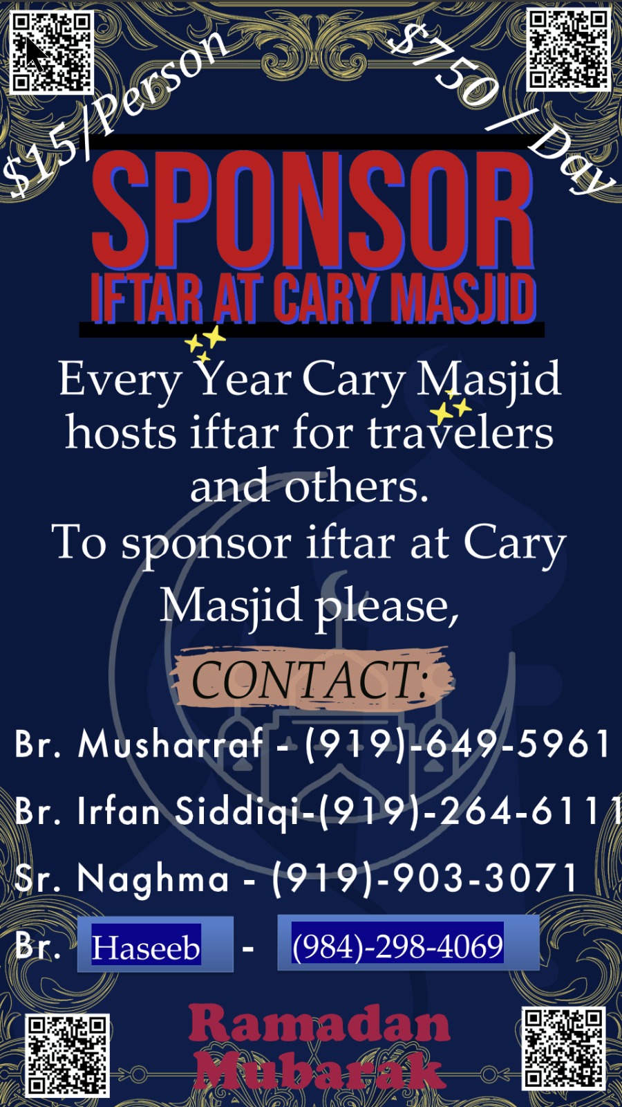 Sponsor Iftaar at Cary Masjid
